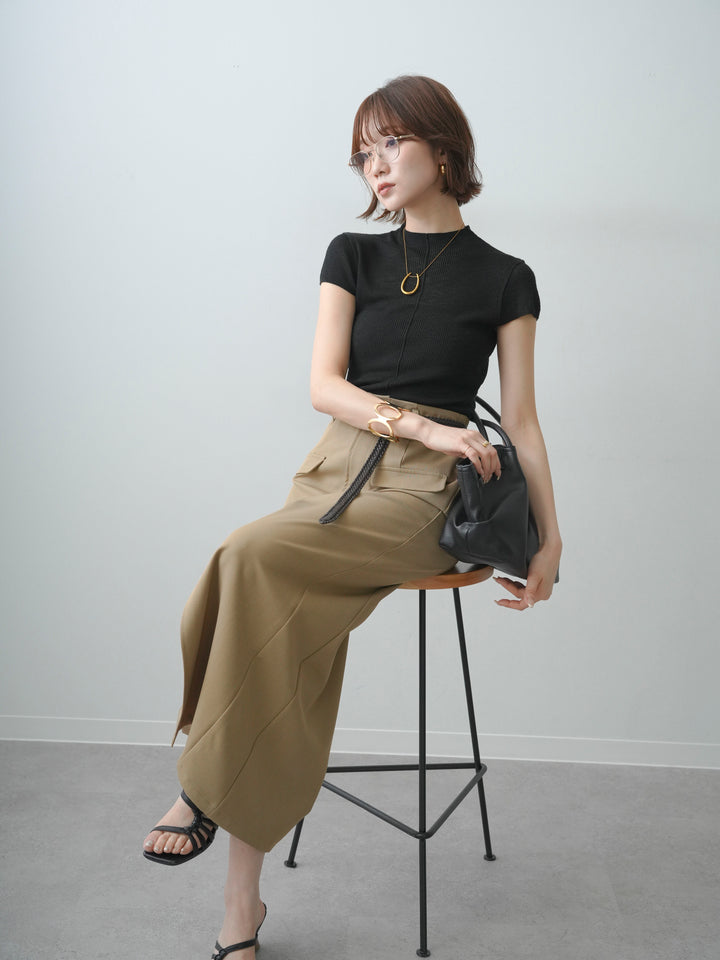 [SET]シアーバックボタンリブニットトップス+クレープデシンフラップ付きストレートスカート(2set)
