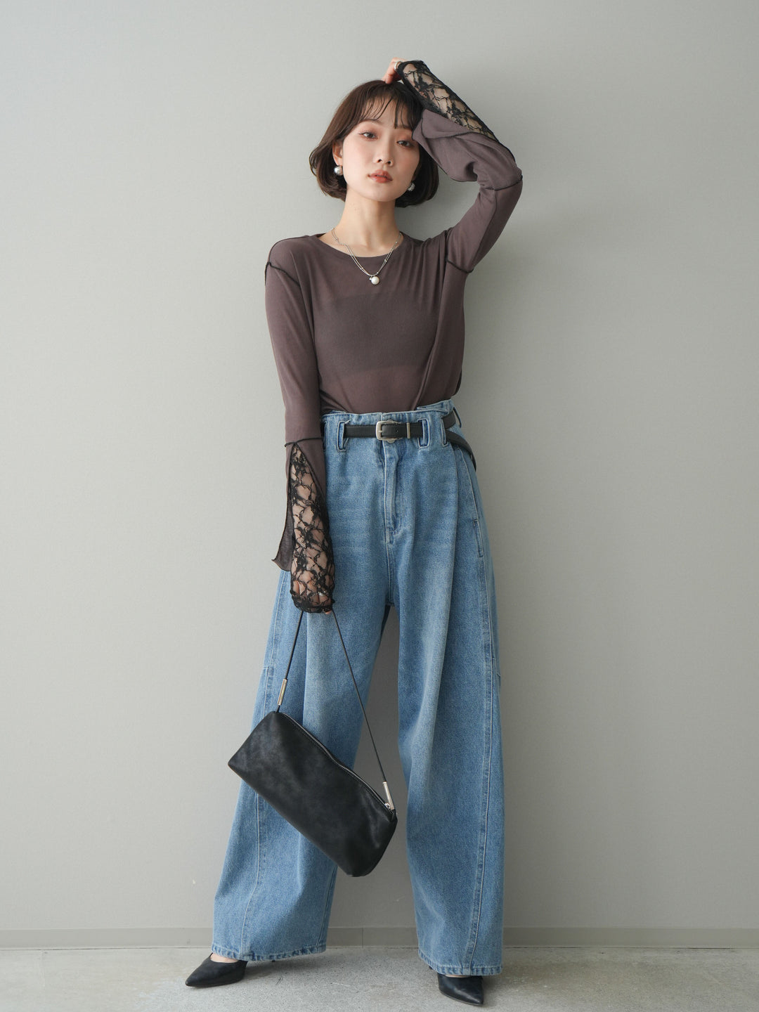 [SET]袖レースレイヤードデザインメロートップス+ハイウエストベルトループデザインデニムパンツ(2set)