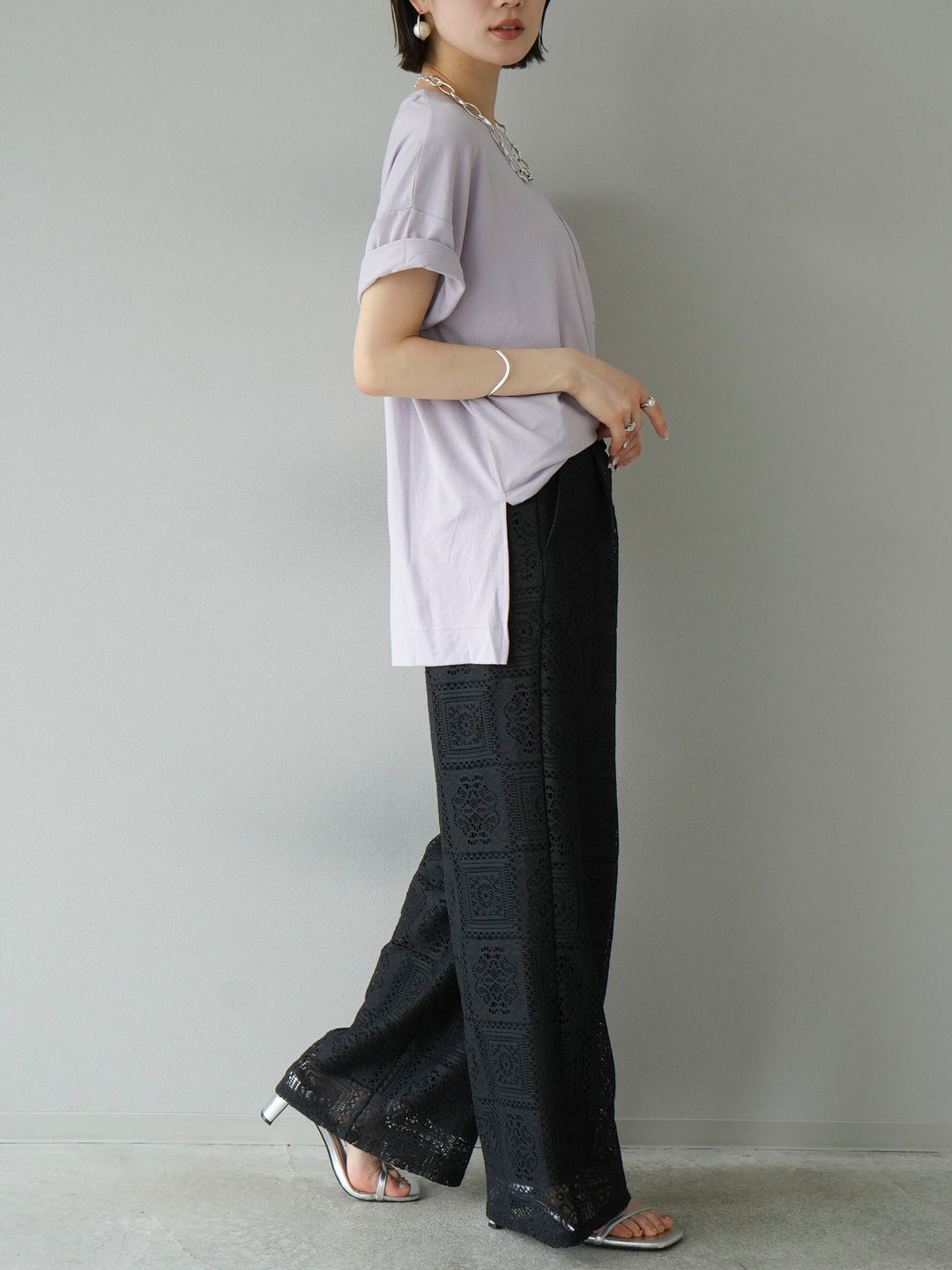 [SET] UV cut &amp; dry processing pocket T-shirt + block lace wide pants (2 sets)