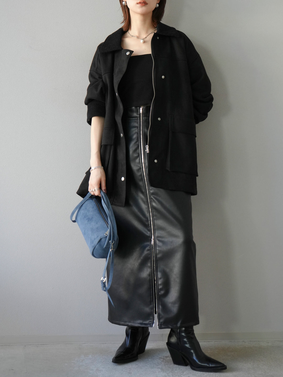 [予約]コーデュロイ襟スウェードミドルジャケット /ブラック