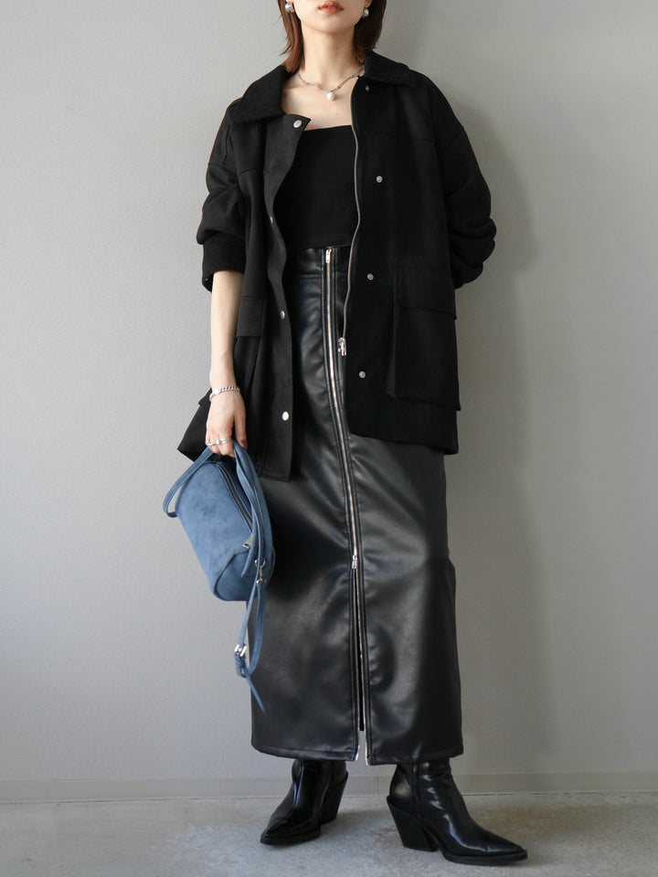 [予約]コーデュロイ襟スウェードミドルジャケット /ブラック