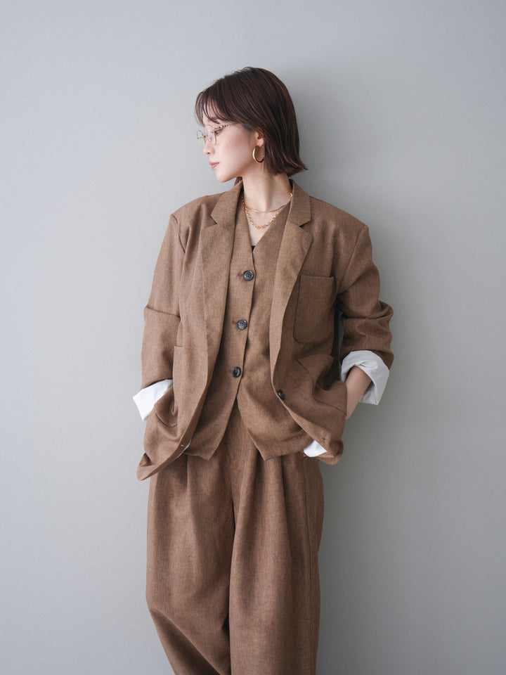 [SET]リネンライクテーラードジャケット+リネンライクバックオープンジレ+リネンライクタックワイドパンツ(3set)