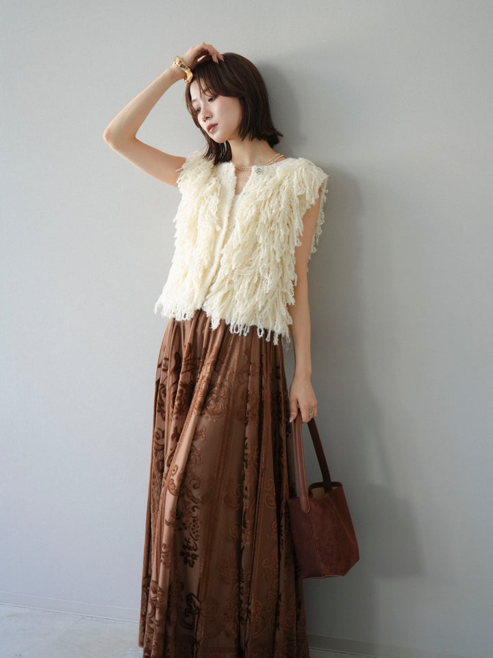 [SET]フリンジループニットベスト+アンティーク柄フロッキーマキシスカート(2set)