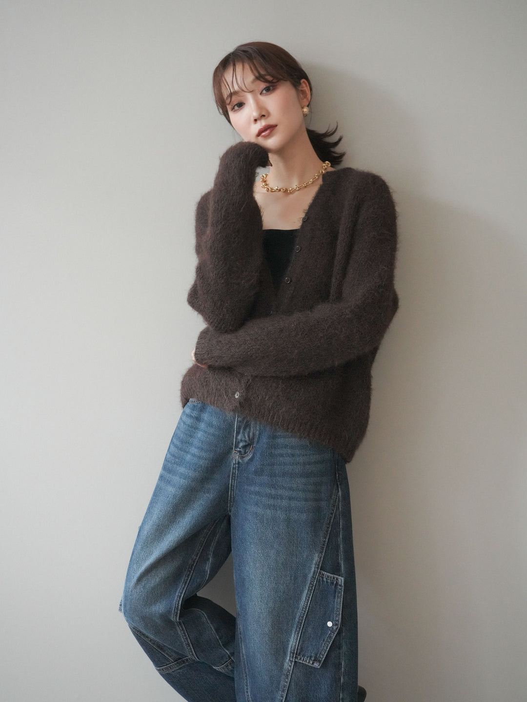 [予約]キーネックシャギーニットカーディガン/brown