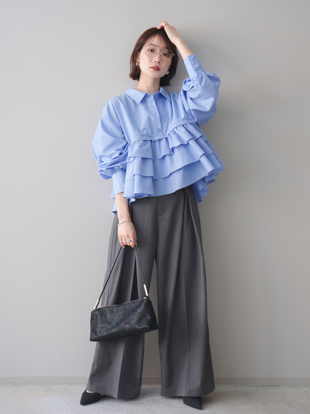 [SET]ブロードティアードショートシャツ+TRツイルデザインタックワイドパンツ(2set)