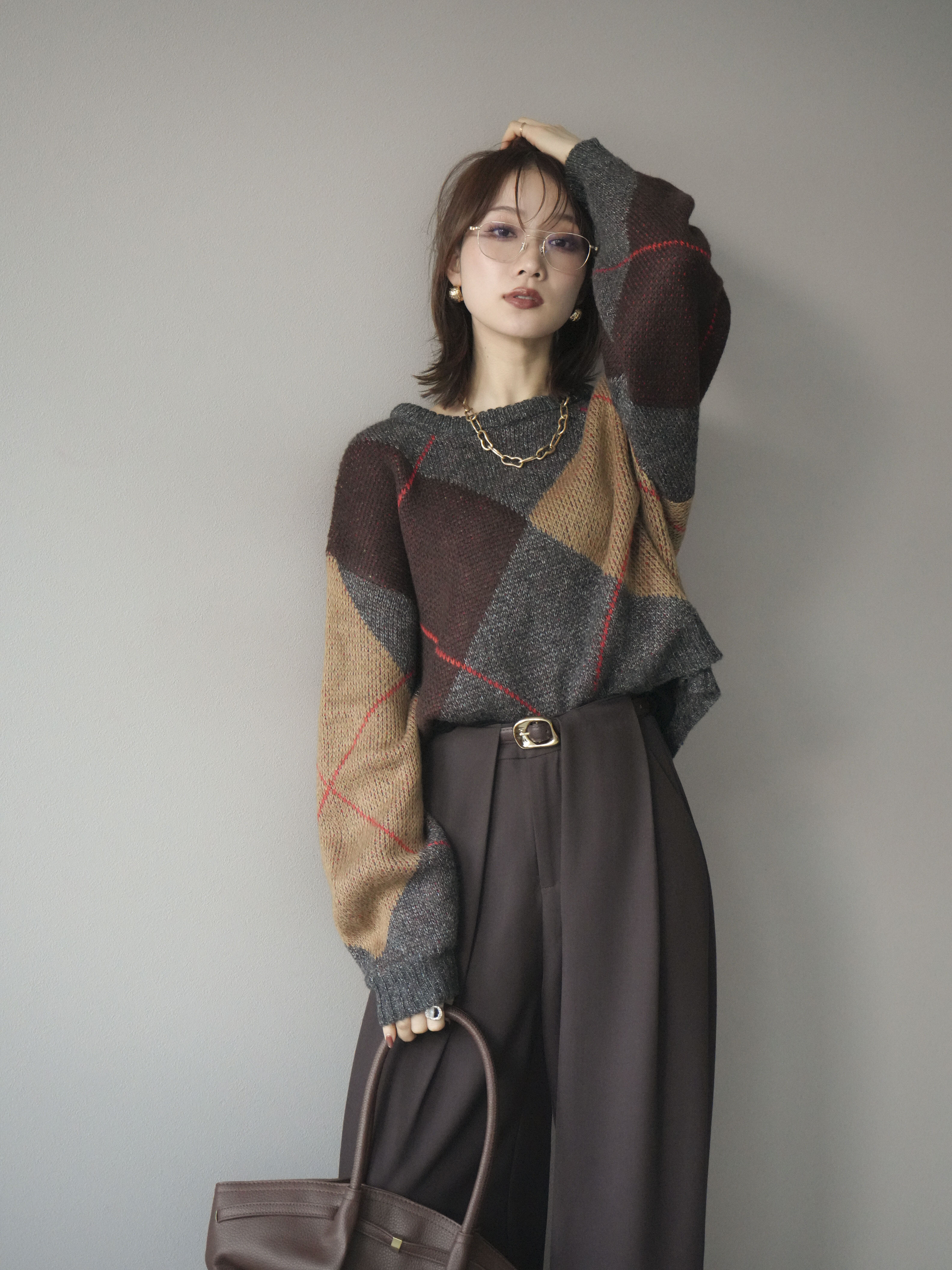 配色ステッチアーガイル柄ニットプルオーバー+ベルトループデザインワイドパンツ SET]配色ステッチアーガイル柄ニットプルオーバー+ベルトループ