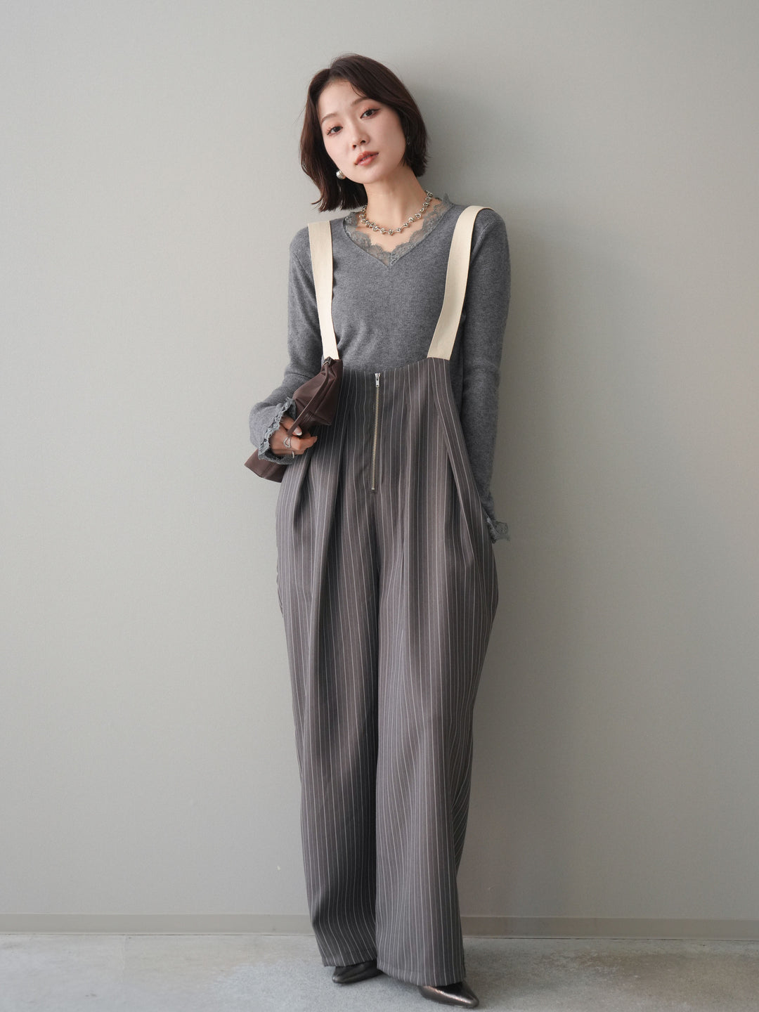 [SET]レースドッキングVネックニットトップス+グログランテープストライプサロペット(2set)