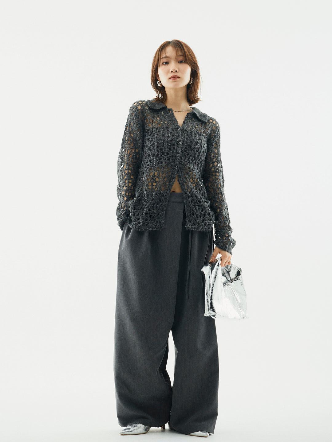 【Allure】[SET]ローゲージ透かし編みポロニッカーディガン+ローゲージ透かし編みポロニッカーディガン(2set)