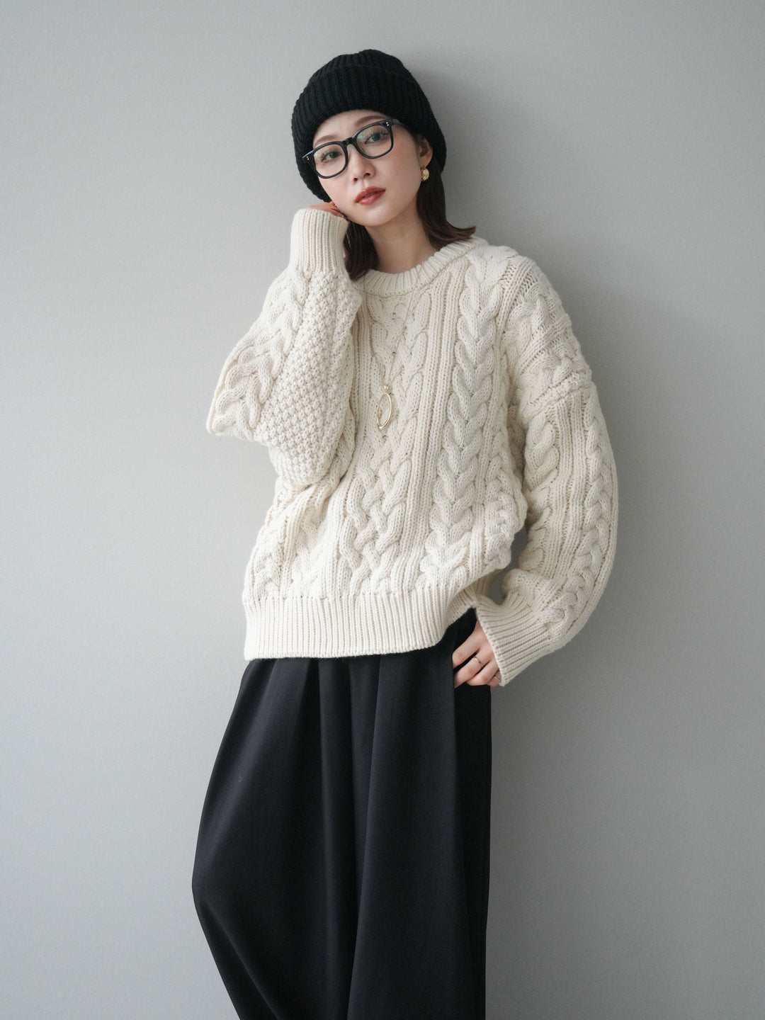 [予約]ボリュームケーブルニットプルオーバー/beige