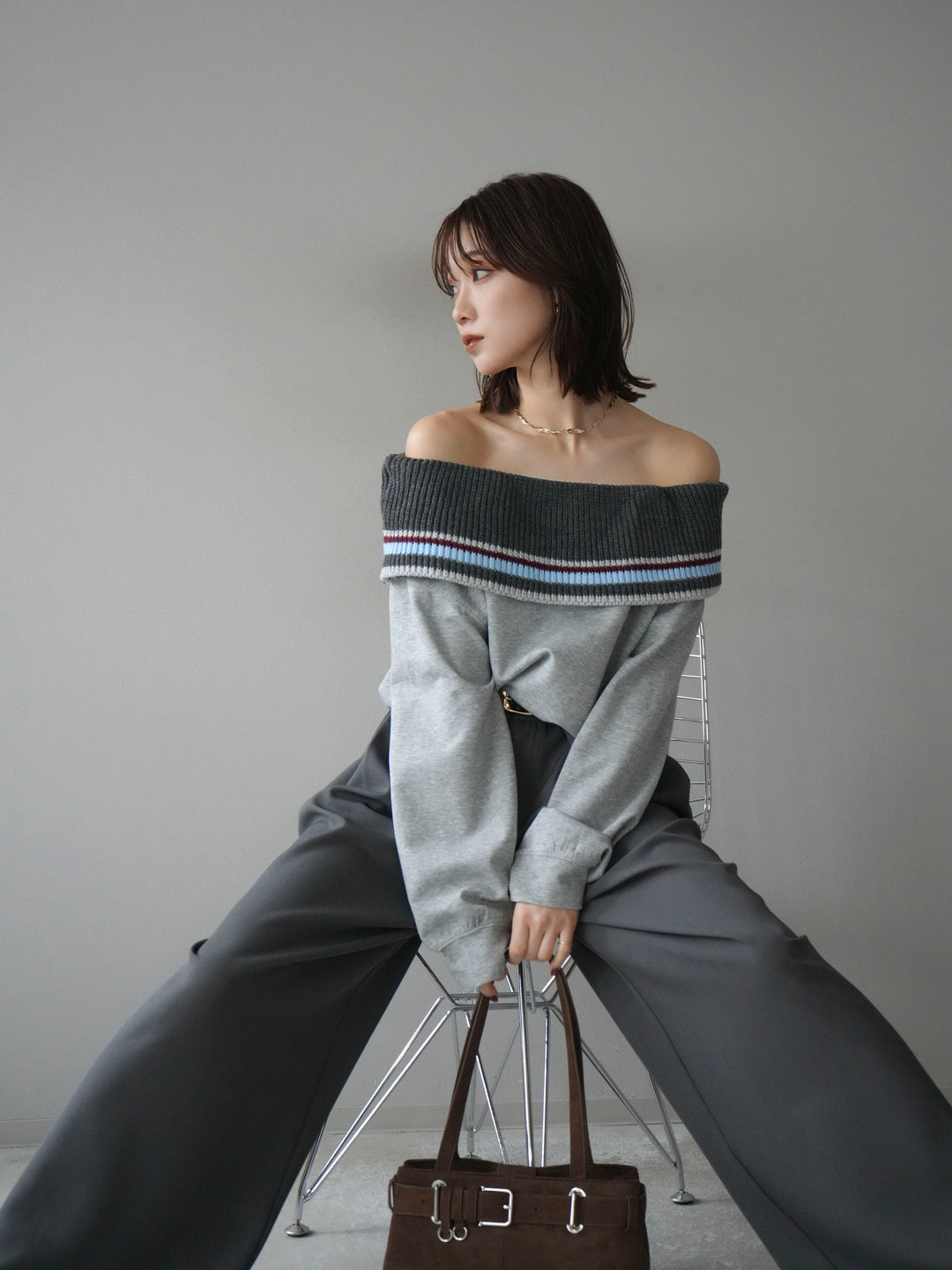 [予約]ボーダーニットオフショルダーxスウェットプルオーバー/gray