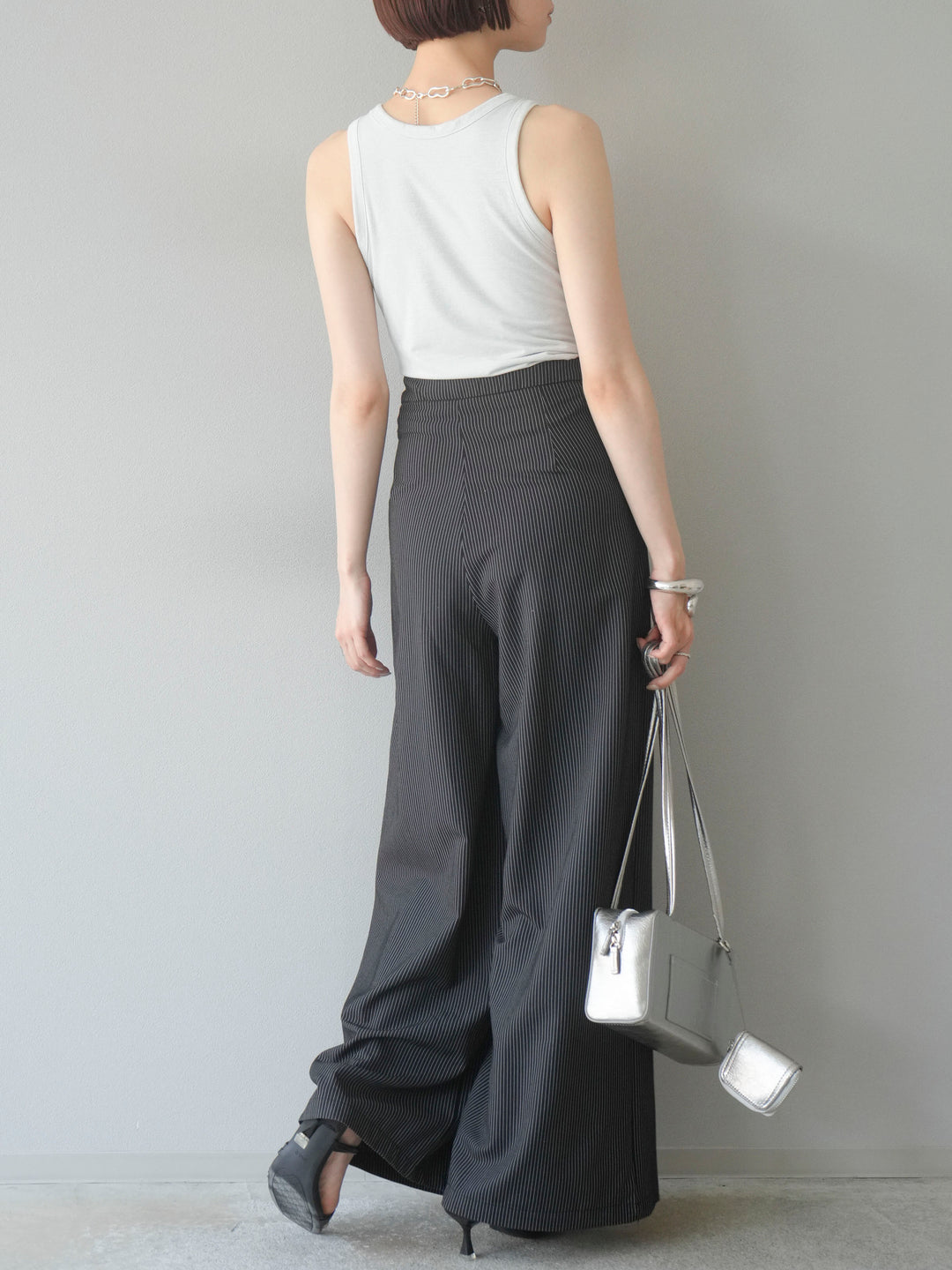 【預購】條紋裹腰闊腿褲/黑色