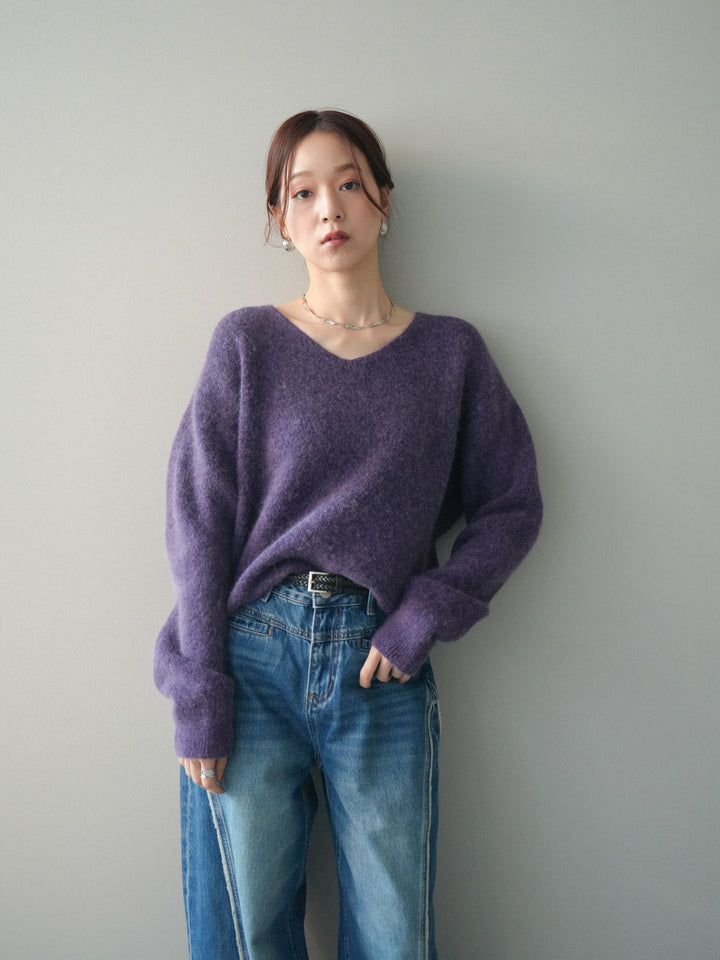 [SET]シュシュ付きアンゴラタッチVネックニットプルオーバー+サイドフリンジワイドデニムパンツ(2set)