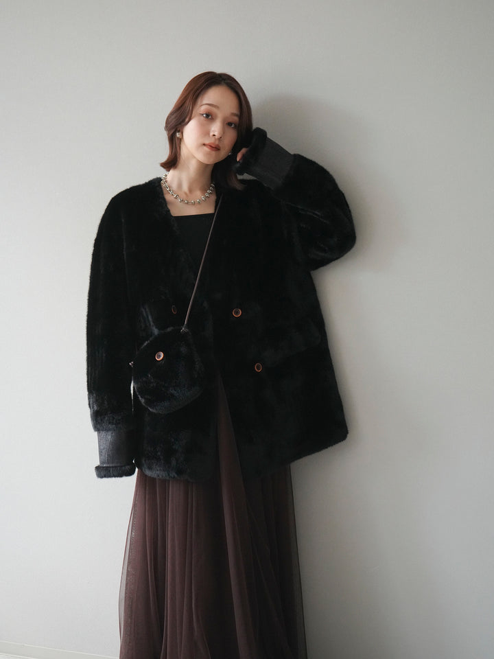 [SET]バッグ付エコファーノーカラーコート+チュールボリュームスカート(2set)