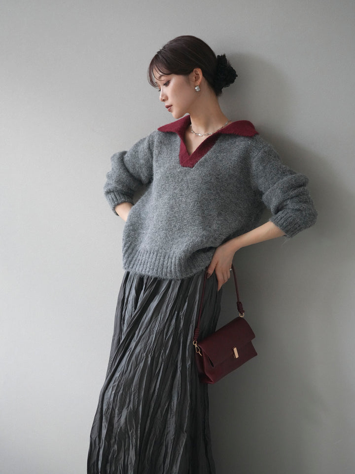 [予約]バイカラー襟付きニットプルオーバー/gray