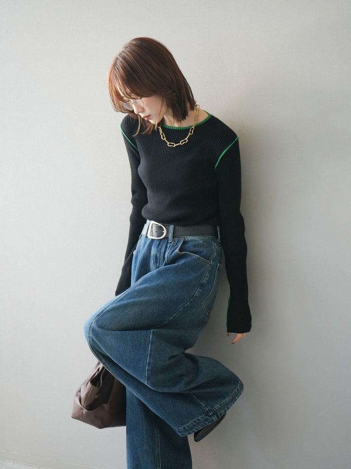 [予約]バイカラークルーネックリブニットトップス/black