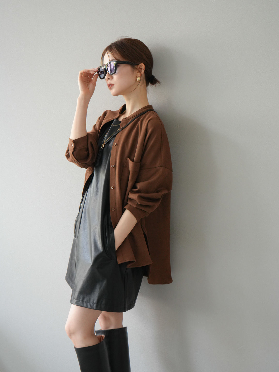 [予約]スエードバンドカラーオーバーシャツ/ブラウン