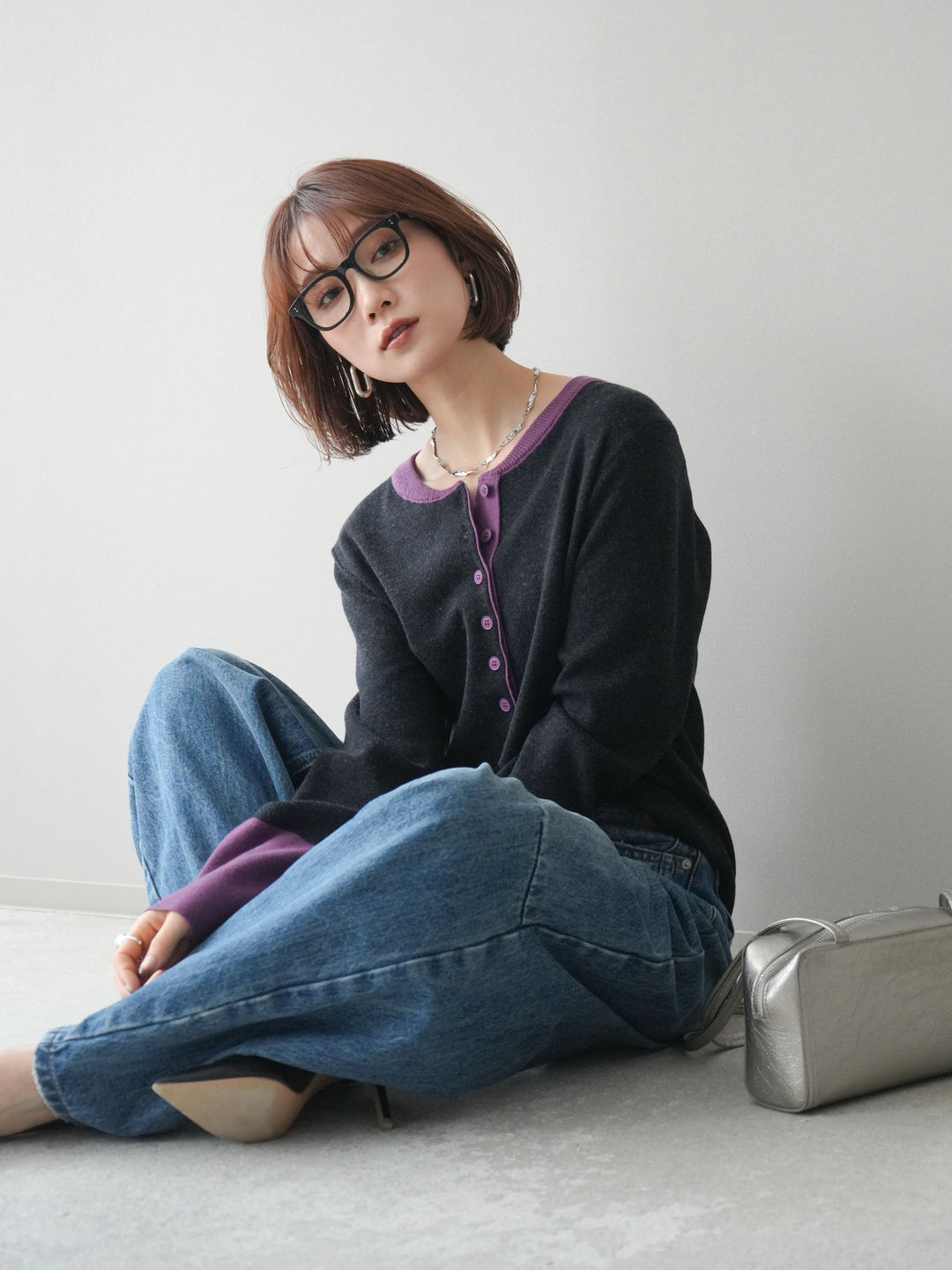 [SET]ヘンリーネック配色ニットソー+ヘンリーネック配色ニットソー(2set)