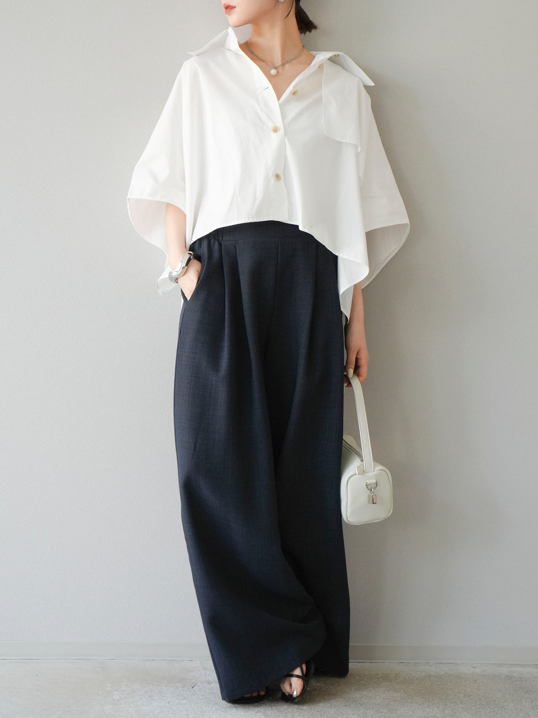 [SET]ポンチョショートシャツ+リネンライクイージーワイドパンツ(2set)