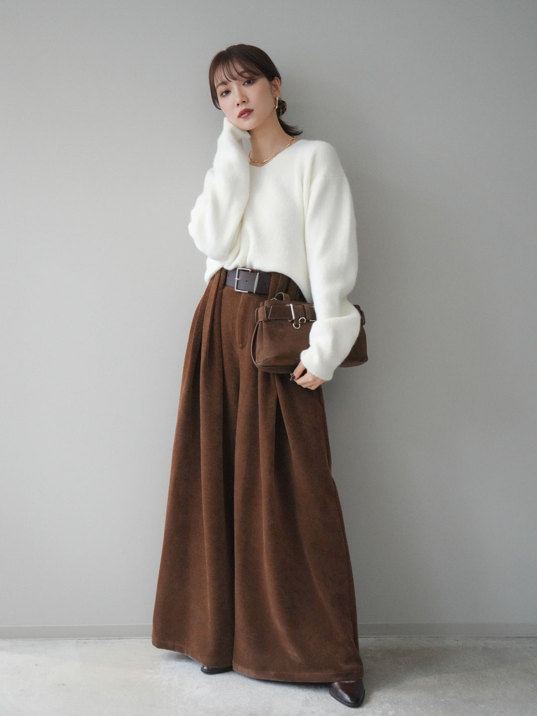 [予約]ベルトデザインループコールテンワイドパンツ(ベルト付き)/camel