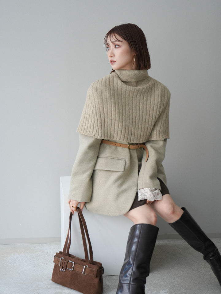 [SET]ケープ付ノーカラージャケット+ベルト付きタックミニスカート(2set)