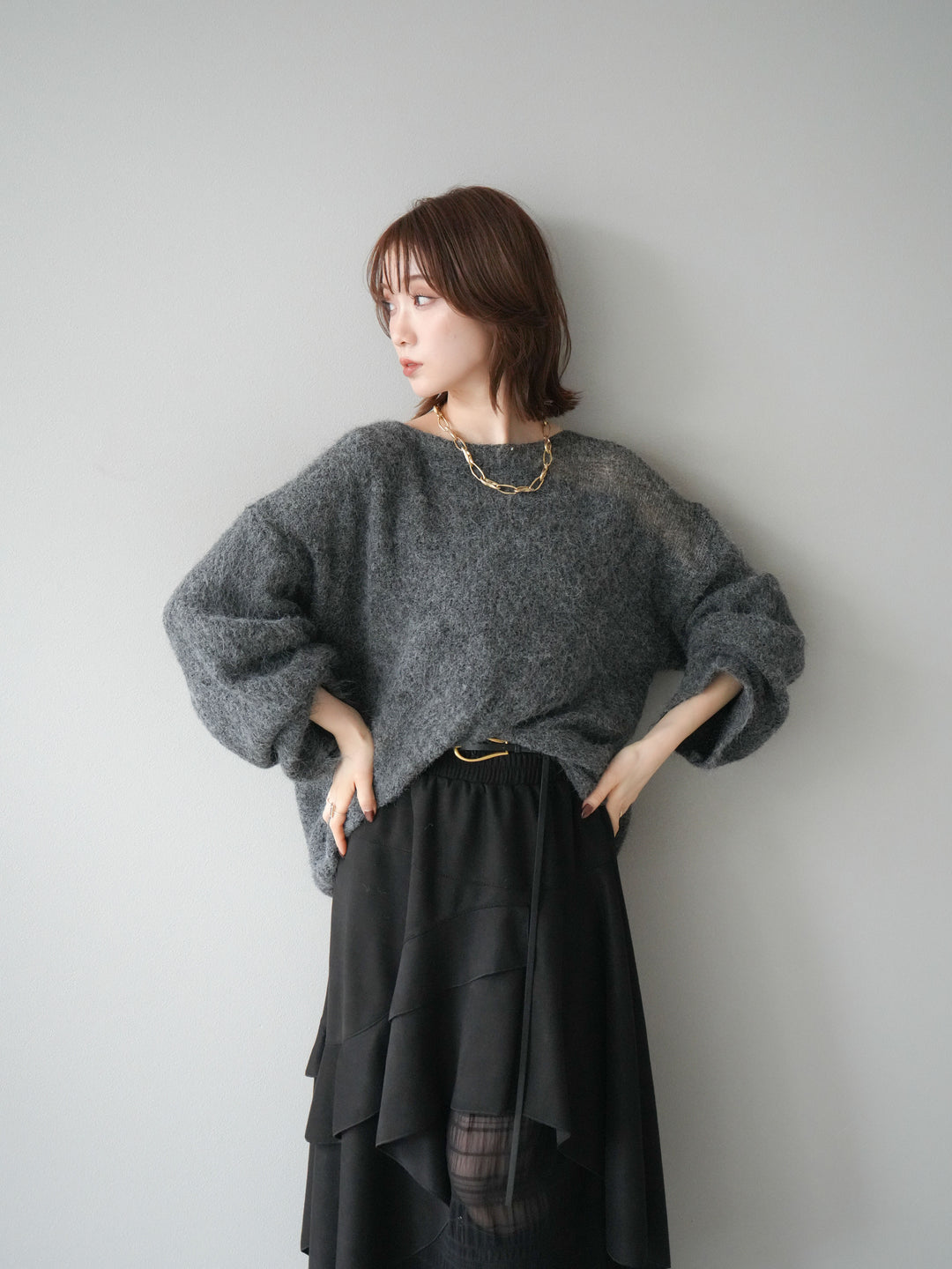 [予約]ネック透かし編みニットプルオーバー/ダークグレー