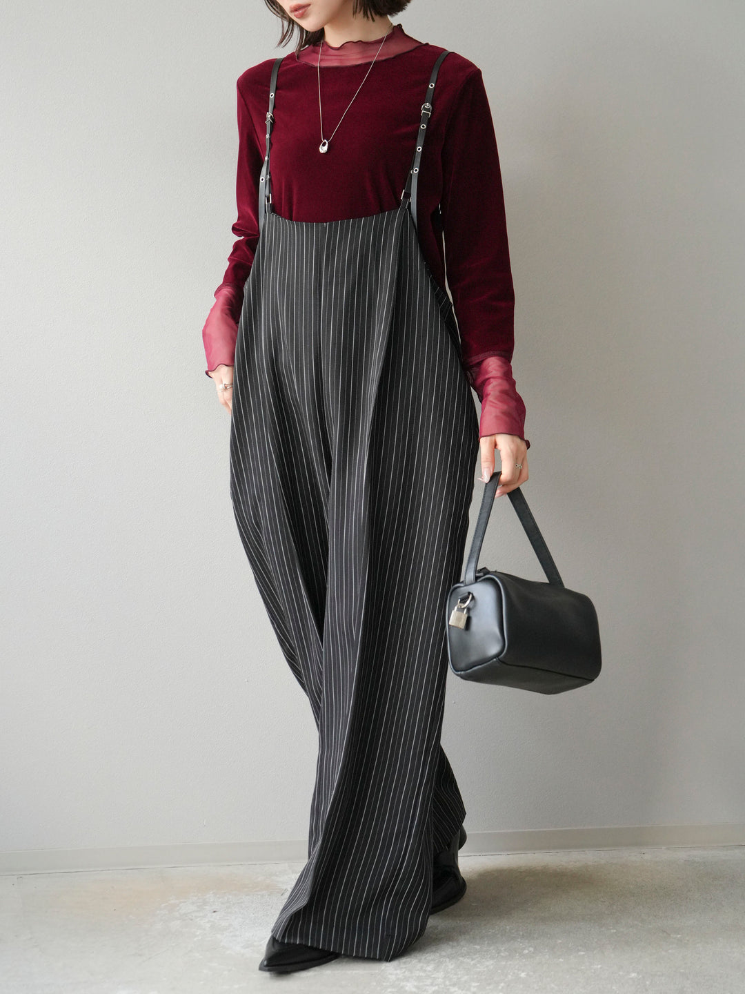 【着回しセット】[SET]ヘリンボーンストライプジレ+シアー切替ベロアトップス+ヘリンボーンストライプサロペット(3set)