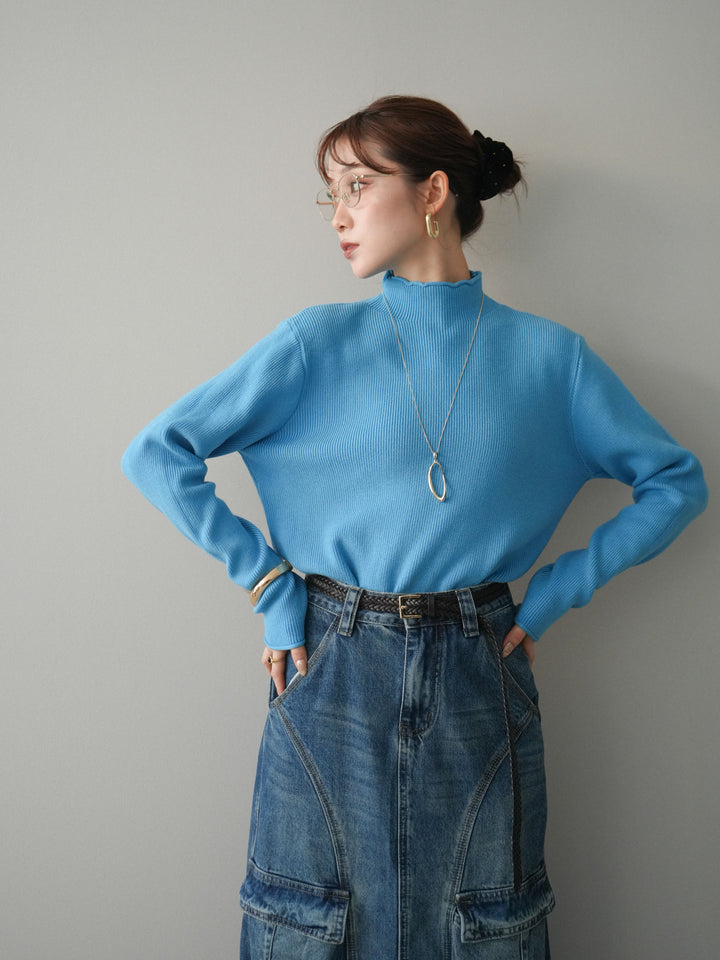 [予約]ボトルネック裾カールリブニットトップス/blue