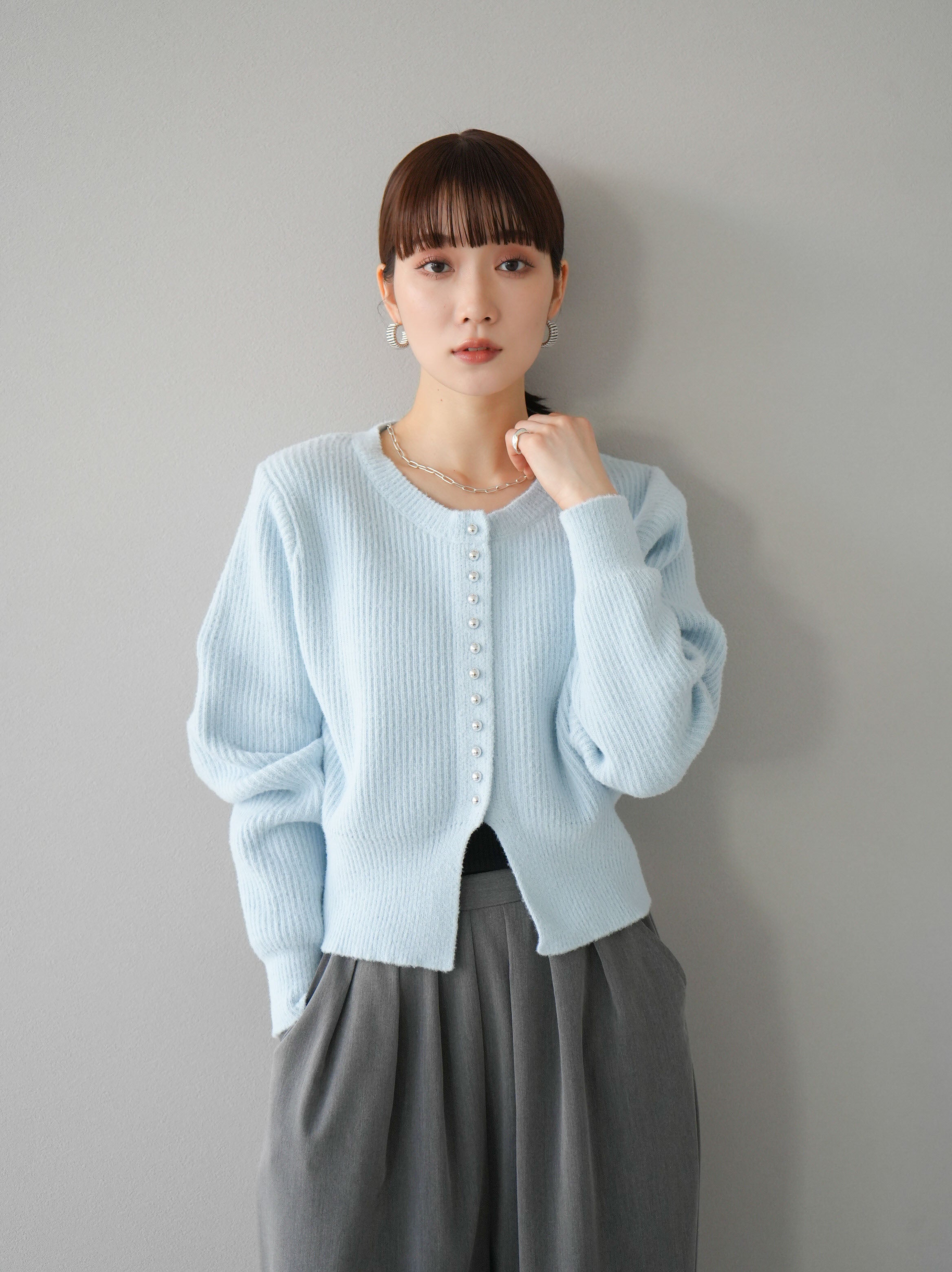 ライトブルー ニットカーディガン