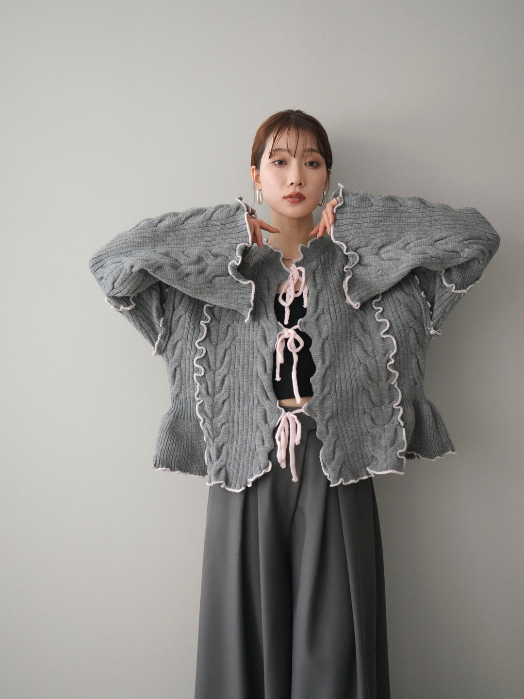 [SET]フロントリボン配色メローニットカーディガン+フロントリボン配色メローニットカーディガン(2set)