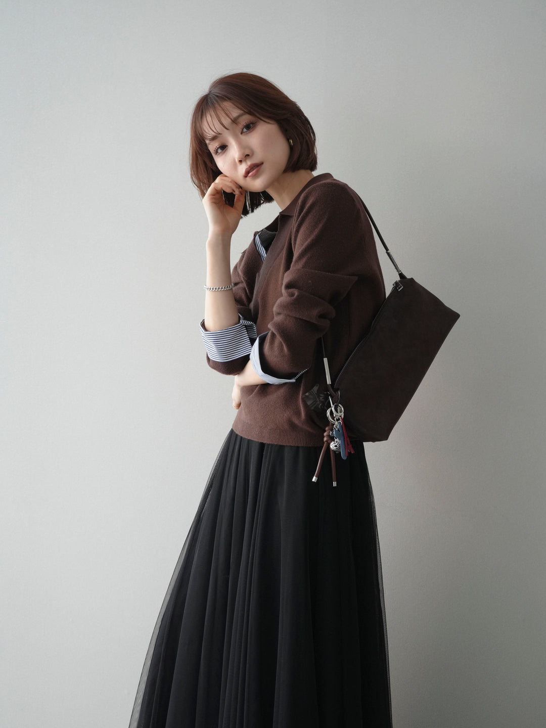 [予約]シャツレイヤードスキッパーニットプルオーバー/brown