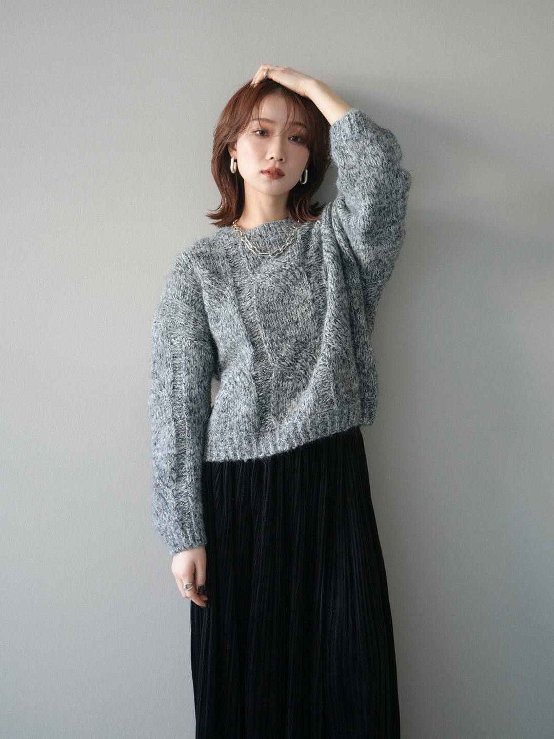 [予約]ワイドケーブルミックスニットプルオーバー/gray