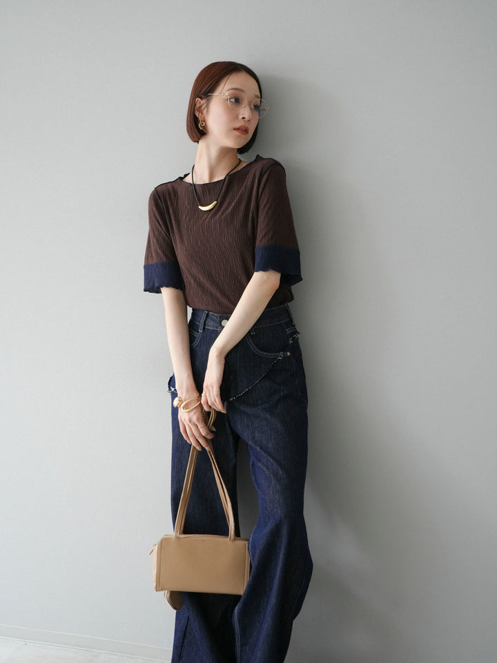 [SET] 百褶同色船領套頭衫 + 臀部設計牛仔褲（2 件組）