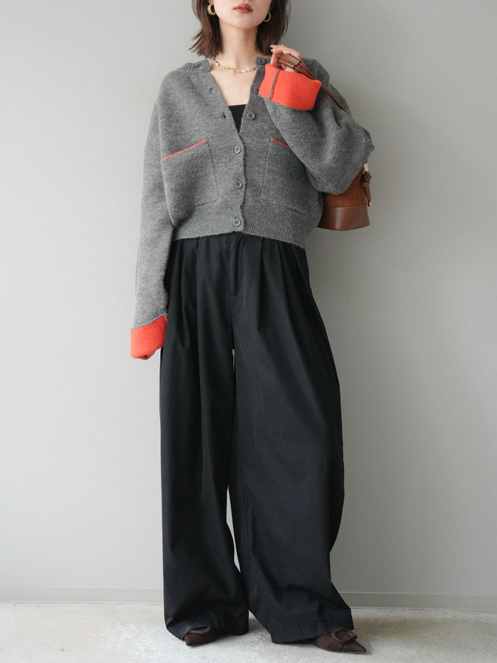 【SET】雙色針織開襟衫+褶襉設計寬褲（2套）