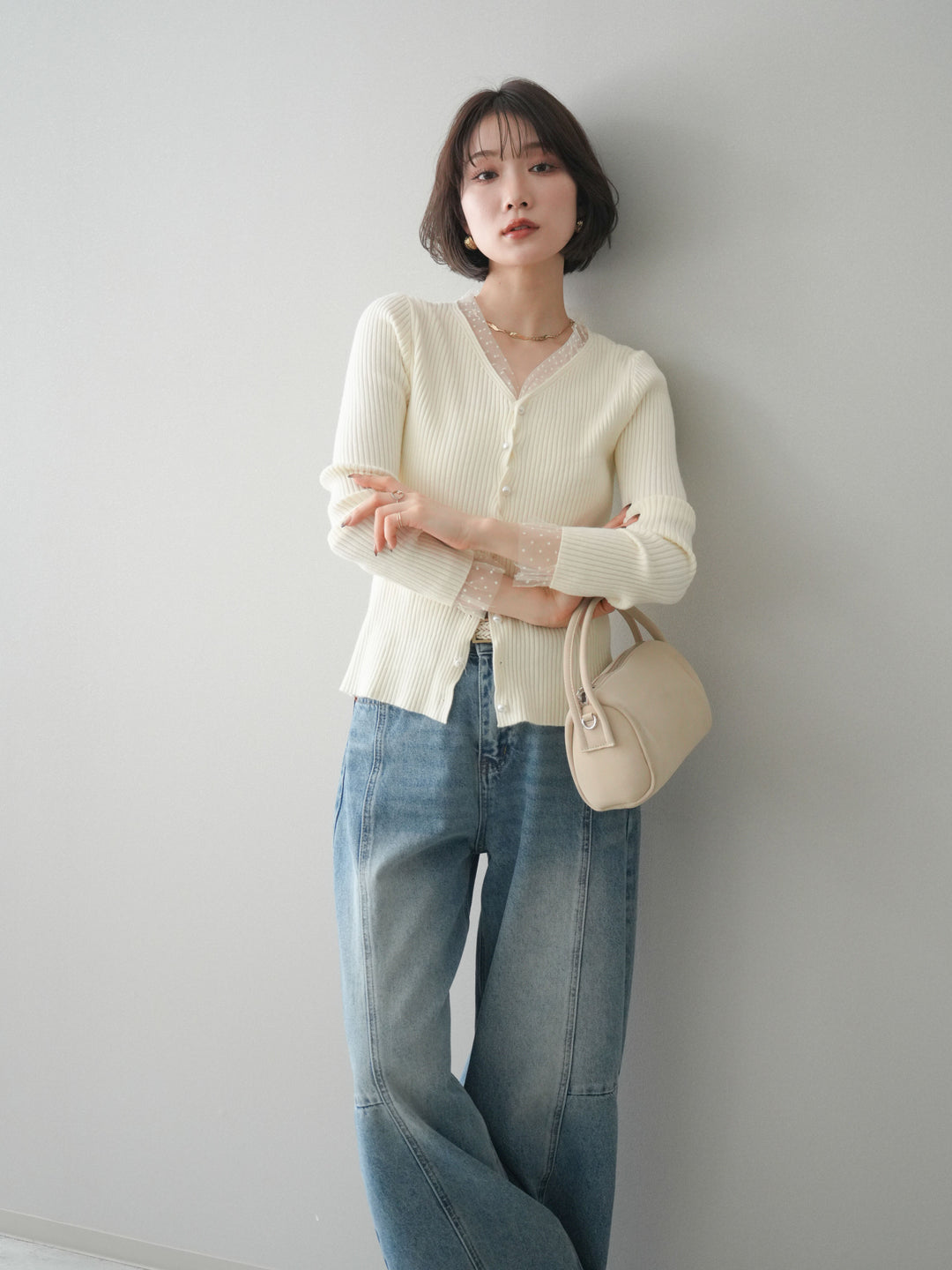 [予約]チュールドッキングパールボタンニットカーディガン/ivory