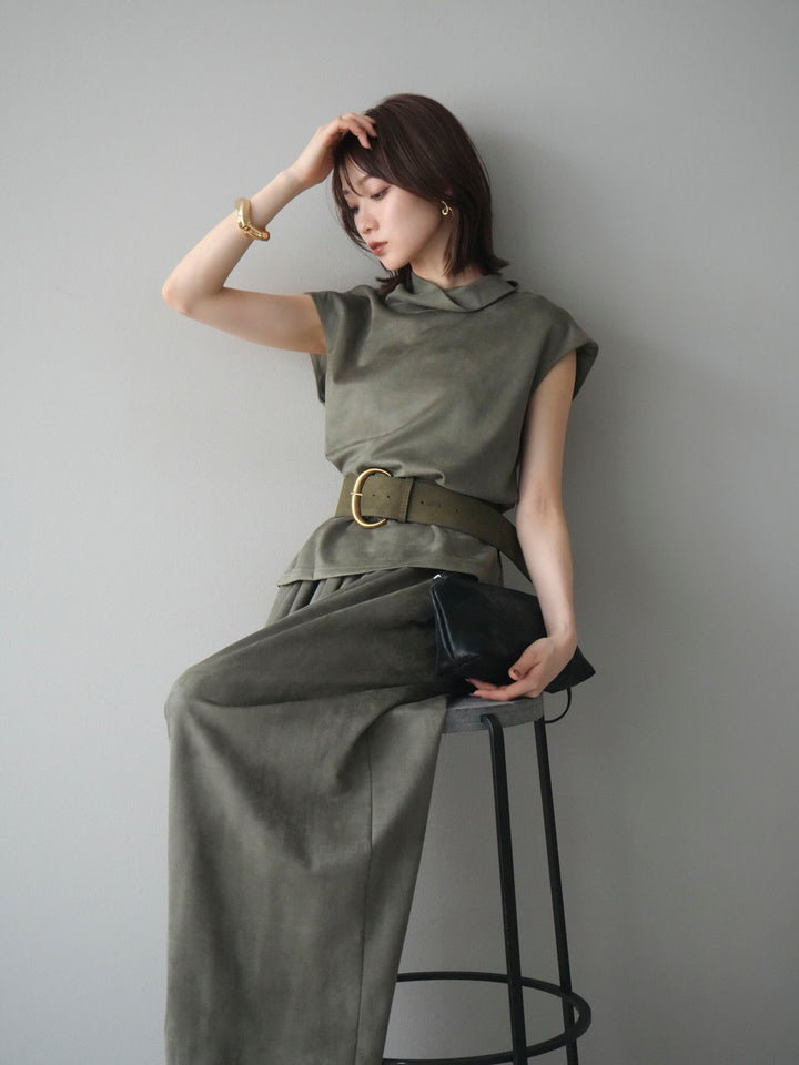 [SET]ベルト付スエードハイネックプルオーバー＆ワイドパンツSET UP