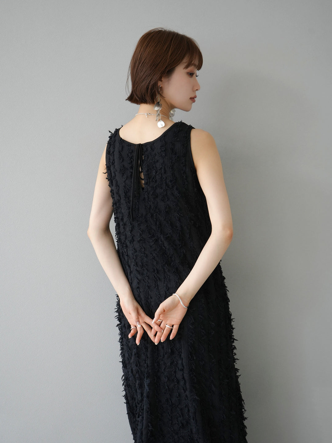 [Pre-order] Fringe Jacquard Stretch Sleeveless Dress/Black