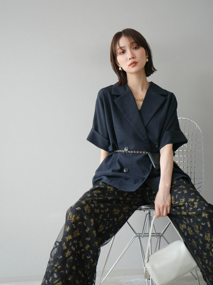 [SET]コード刺繍チュールレイヤードパンツ+ブーケプリントタックパンツ(2set)