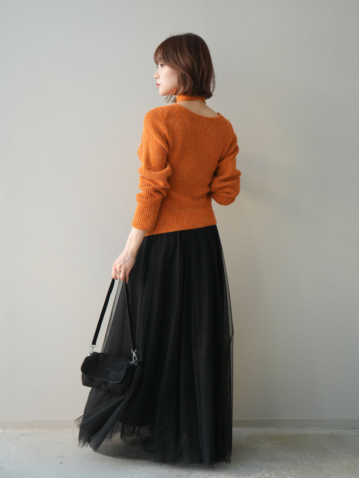 [SET]ケーブル編みクロスニットトップス+チュールボリュームスカート(2set)