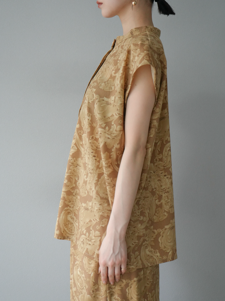 [SET]ペイズリープリントゴールドボタンブラウス+ペイズリープリントタックIラインスカート(2set)