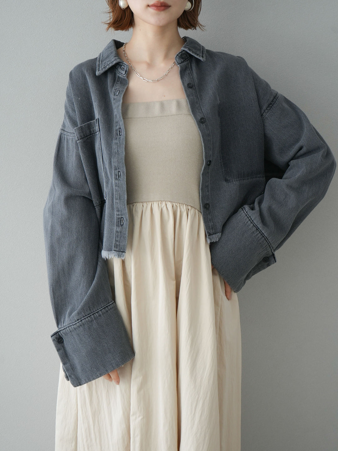 [預訂] 針織 x 塔夫綢小熊洋裝/米色