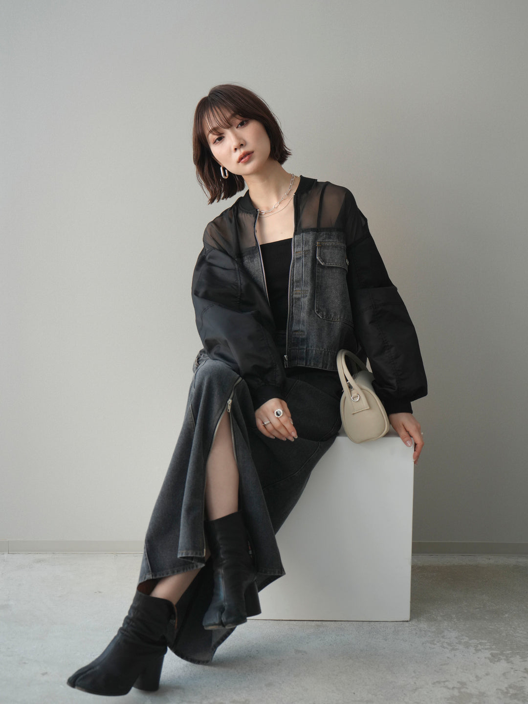 [SET]異素材デニムブルゾン+フロントジップデニムスカート(2set)