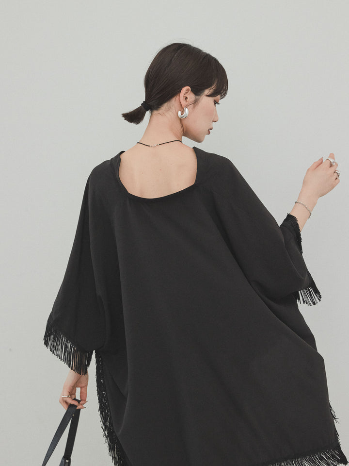 [SET] 方形流蘇斗篷襯衫 + 亞麻觸感褶皺寬褲 (2 件套)