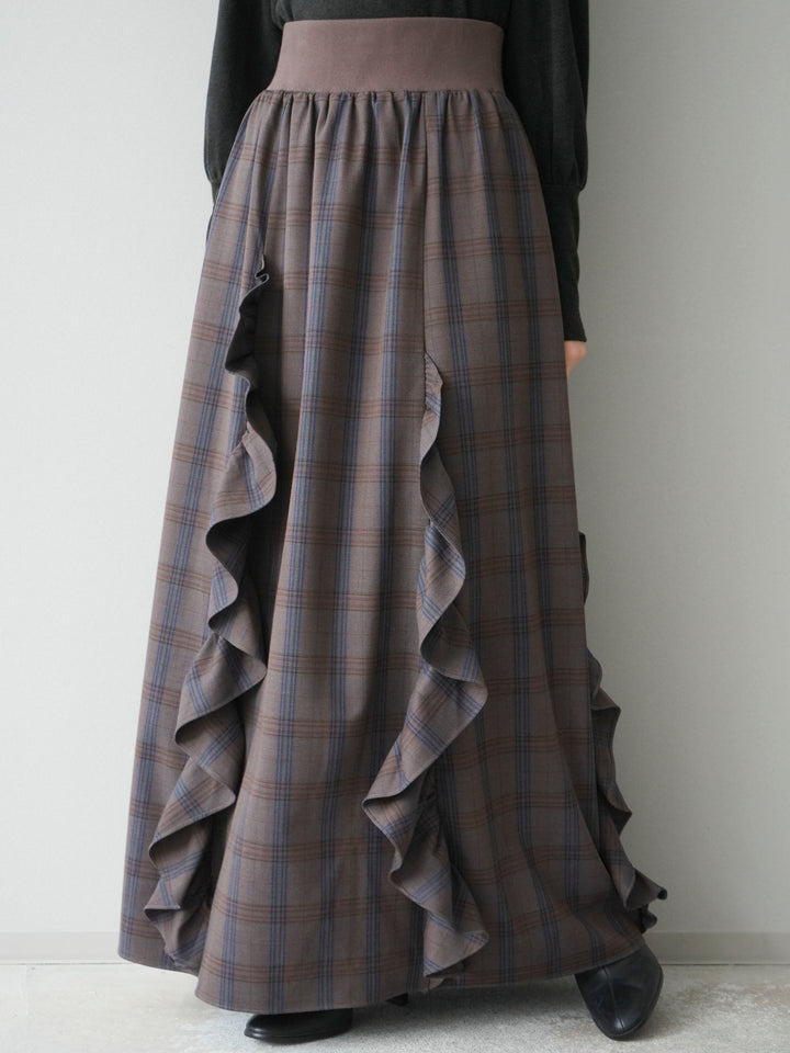 [予約]チェック柄フリルハイウエストマキシスカート/gray