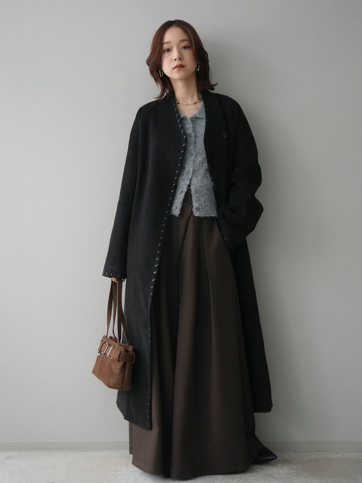 [SET]ハンドステッチ裏中綿ロングコート+テープベルトタックバギーパンツ(2set)