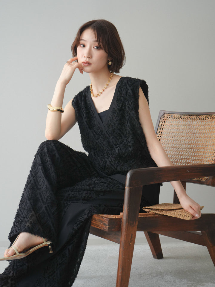 [SET]フリンジレイヤードVネックノースリーブ+フリンジイージーストレートパンツ(2set)