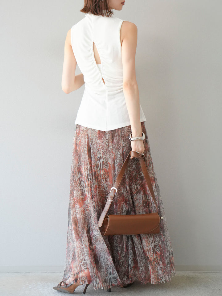 [予約]ニュアンス柄チュールレイヤードプリーツスカート/ブラウン