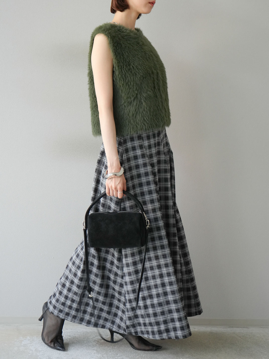 [予約]チェックタックフレアロングスカート/ ブラック