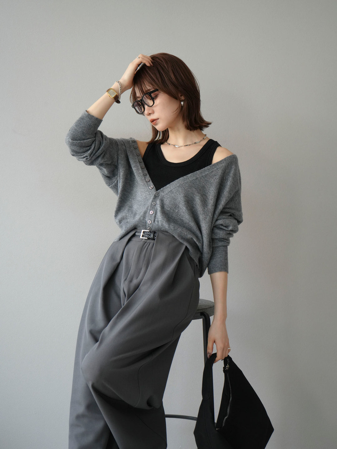 [予約]デザインボタンニットカーディガン＆タンクトップSET/グレー