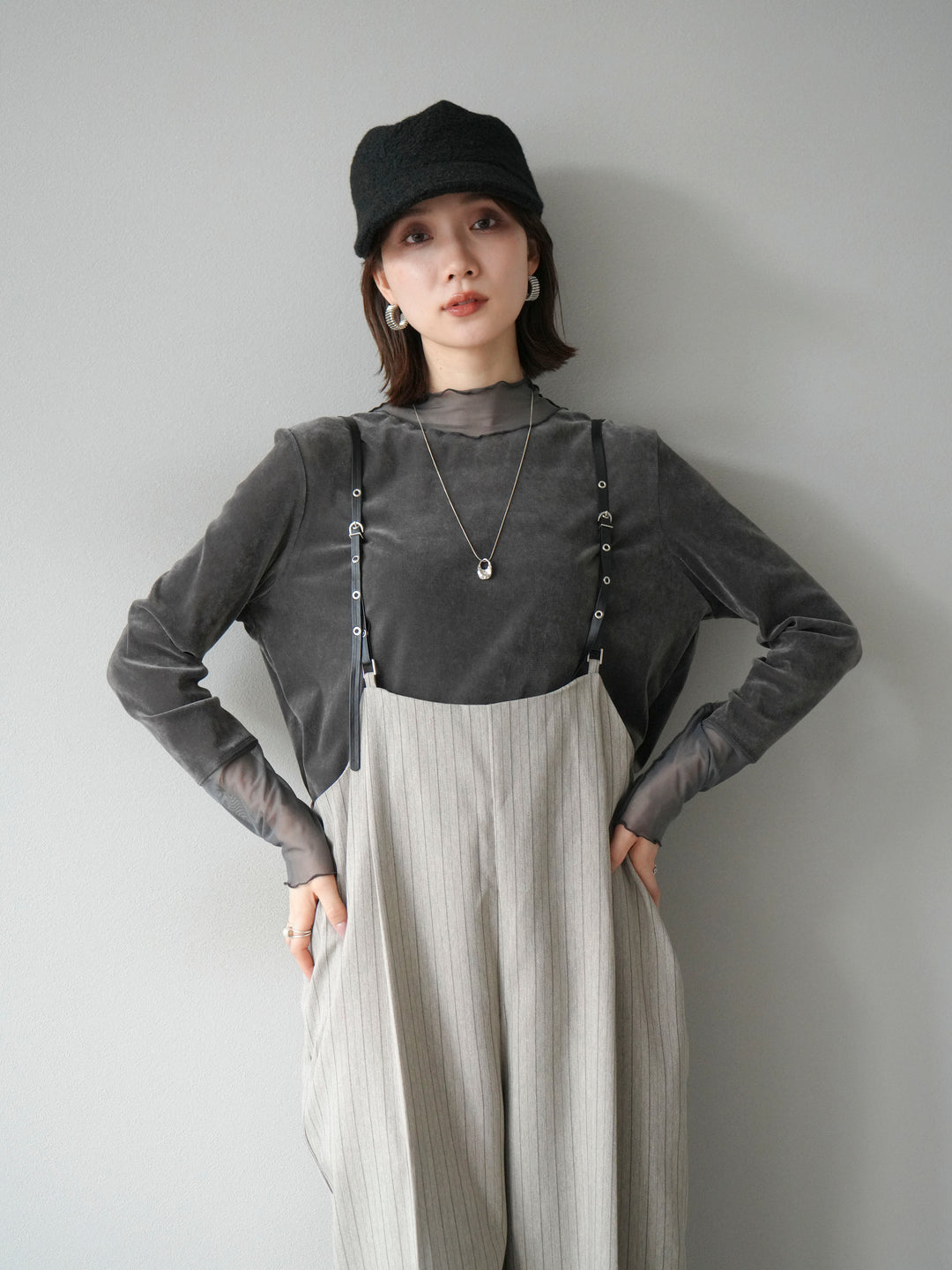 [予約]ヘリンボーンストライプサロペット/グレージュ