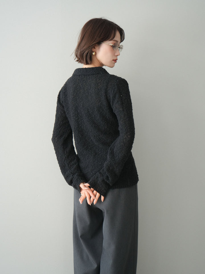 [予約]透かし編みブークレポロニットトップス/black